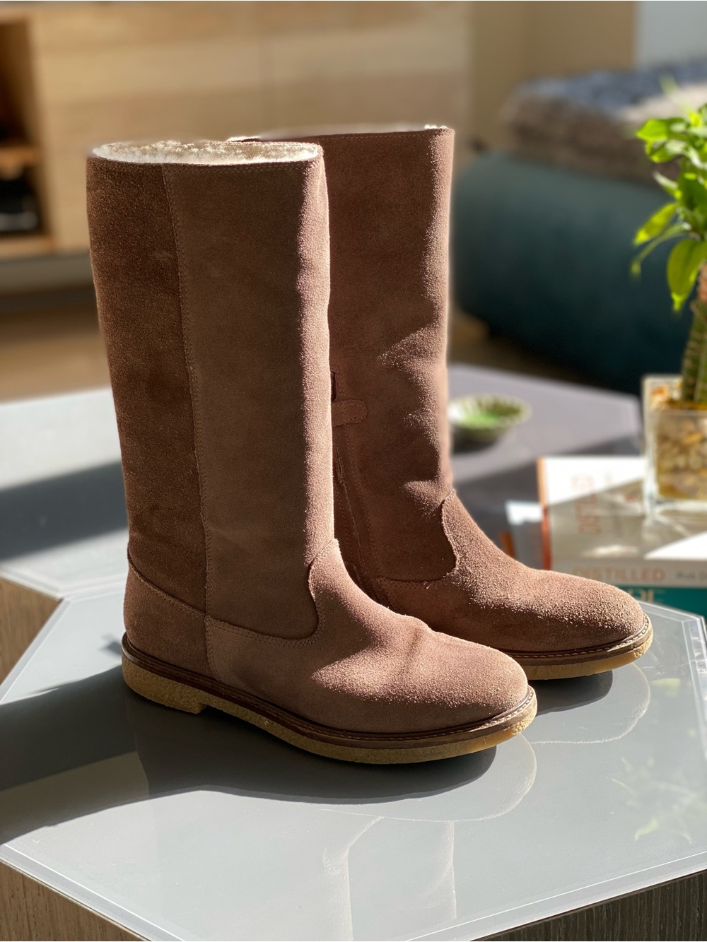 Bonpoint Girls' Suede Shearling Mid-Calf Boots in Brown